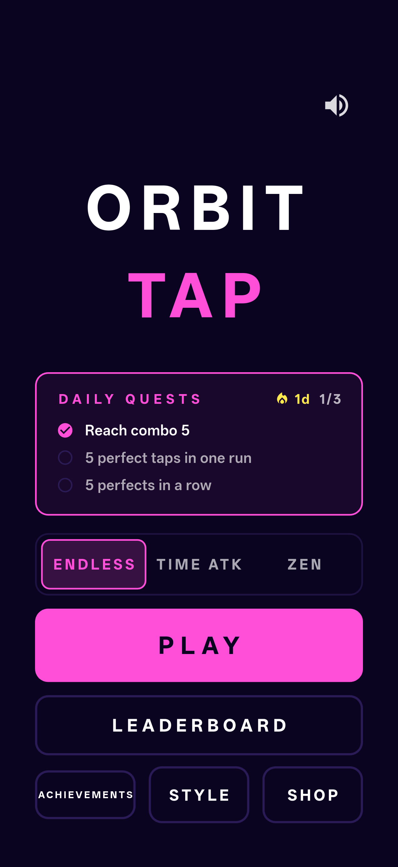 Orbit Tap main menu showing the mode selector and daily quests